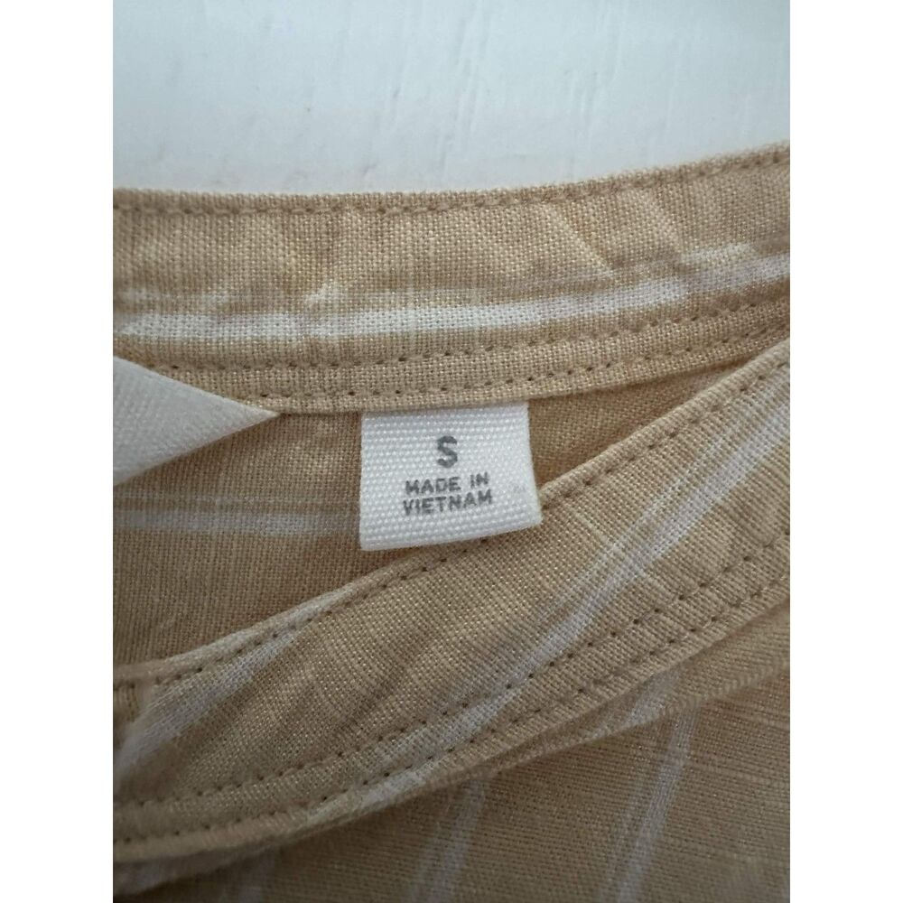 UNIQLO Linen Blend Striped Blouse Beige Band Collar Long Sleeve Women's Small - Picture 7 of 7